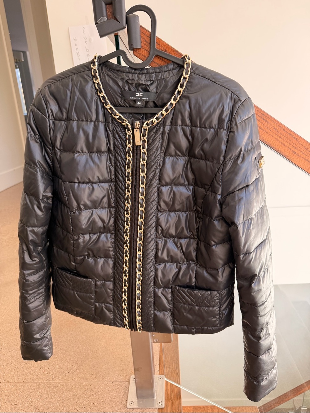 Elisabetta Franchi Black Quilted Puffer Jacket with Gold Chain Trim